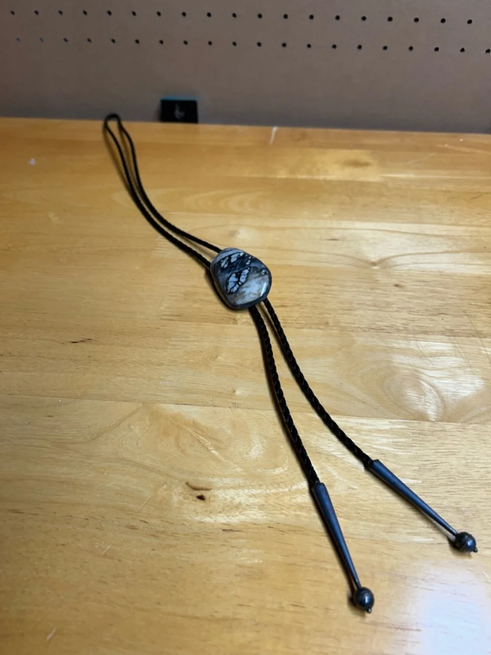 Braided Leather Bolo Tie w/‎ Wrapped Picasso Marble Stone